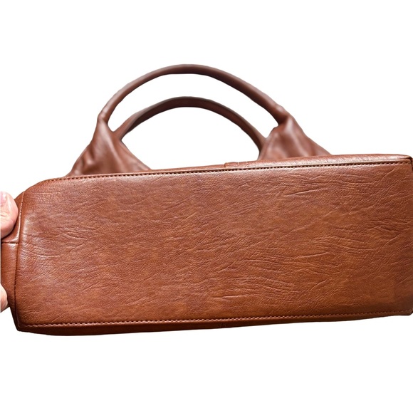 Brown Vegan Leather Satchel Handbag Cognac Top Handle Purse Work Bag - Picture 8 of 8